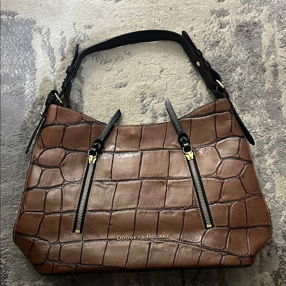 Dooney & Bourke Brown Croc Embossed Leather Hobo Shoulder Bag